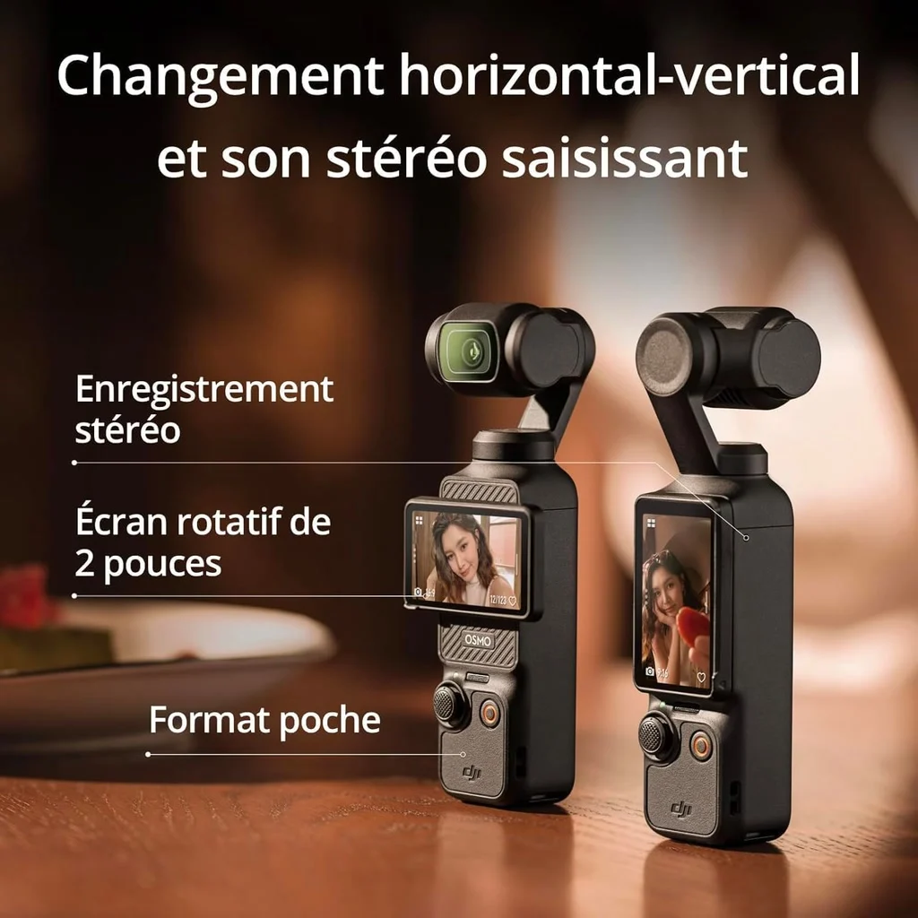L’écran de 2 pouces de la DJI Osmo Pocket 3 tourné à l’horizontale et à la verticale