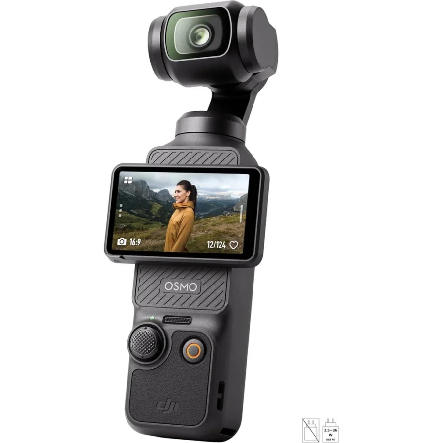 La caméra DJI Osmo Pocket 3, écran tourné, sur fond blanc