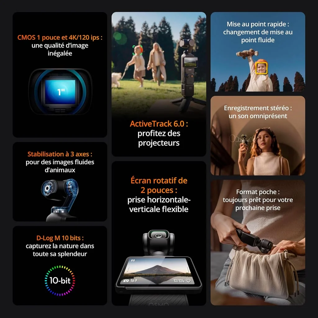 Ce que fait la DJI Osmo Pocket 3 : capteur 1 pouce, 4K/120 i/s, stabilisation 3 axes, ActiveTrack 6.0, écran rotatif de 2 pouces, stéréo