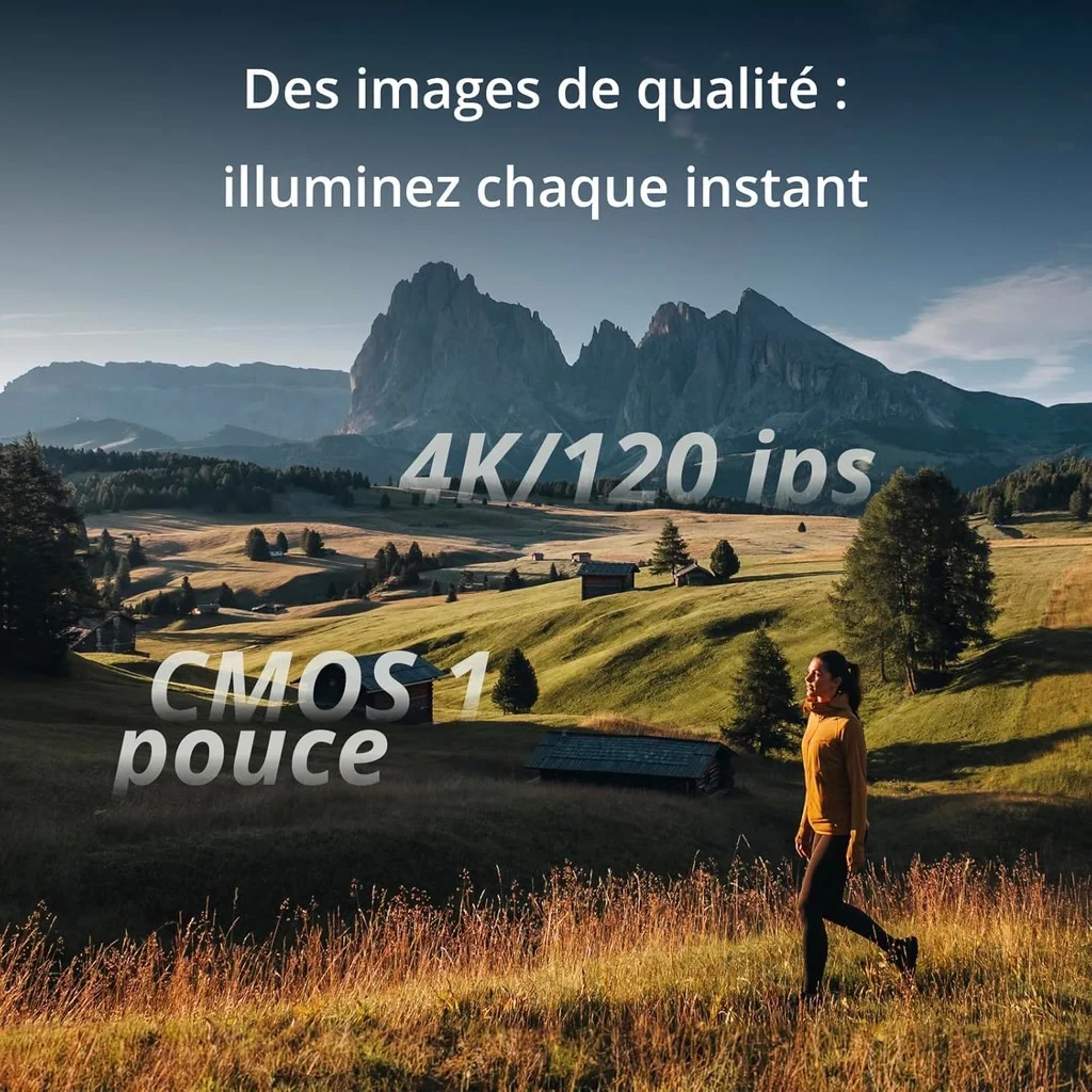 Une randonneuse filmée dans la montagne au coucher du soleil avec la DJI Osmo Pocket 3